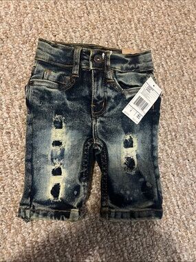 Kids Distressed Washed Black Denim Shorts with Faded Yellow Highlights